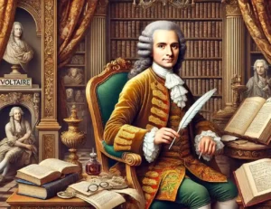 Voltaire : Montré en costume du XVIIIe siècle, avec une plume et un parchemin, entouré de livres dans une pièce richement décorée Voltaire immortel de l'Académie française et ses citations
