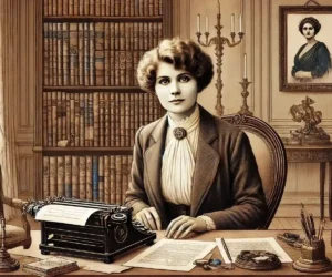 Marguerite Yourcenar : En tenue du milieu du XXe siècle, assise à un bureau avec une machine à écrire et des manuscrits, entourée de livres et de décorations classiques dans une étude sereine Marguerite Yourcenar