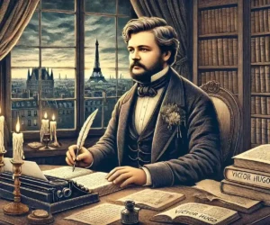 Victor Hugo : En tenue du XIXe siècle, assis à un bureau avec un livre ouvert et une plume, entouré de manuscrits et de bougies dans une pièce faiblement éclairée avec une vue sur Paris Victor Hugo immortel de l'académie française avec des citations inoubliables