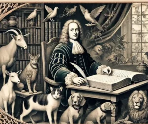 Jean de La Fontaine : En costume du XVIIe siècle, assis à une table avec un grand livre et une plume, entouré d'animaux symbolisant ses célèbres fables, dans une pièce richement décorée Jean de La Fontaine immortel de l'Académie française et ses citations