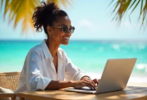 Une femme faisant du travail à distance et en train d'échanger par communication écrite